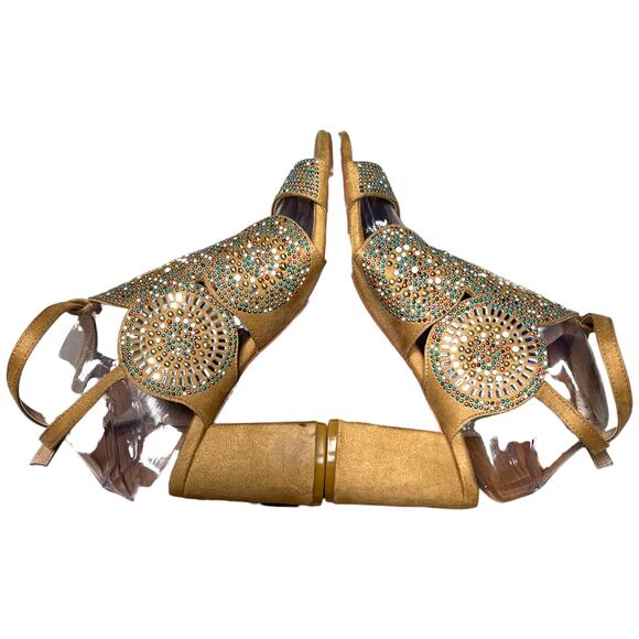 VENUS Womens 8 Tan Embellished Beaded Sandals Ankle Strap Block Heel - Picture 12 of 15